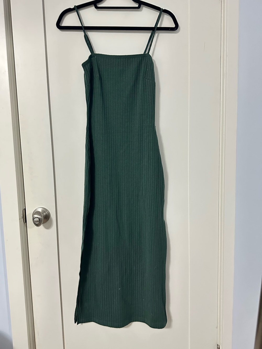 Dark Green Ribbed Maxi Dress with Side Slit